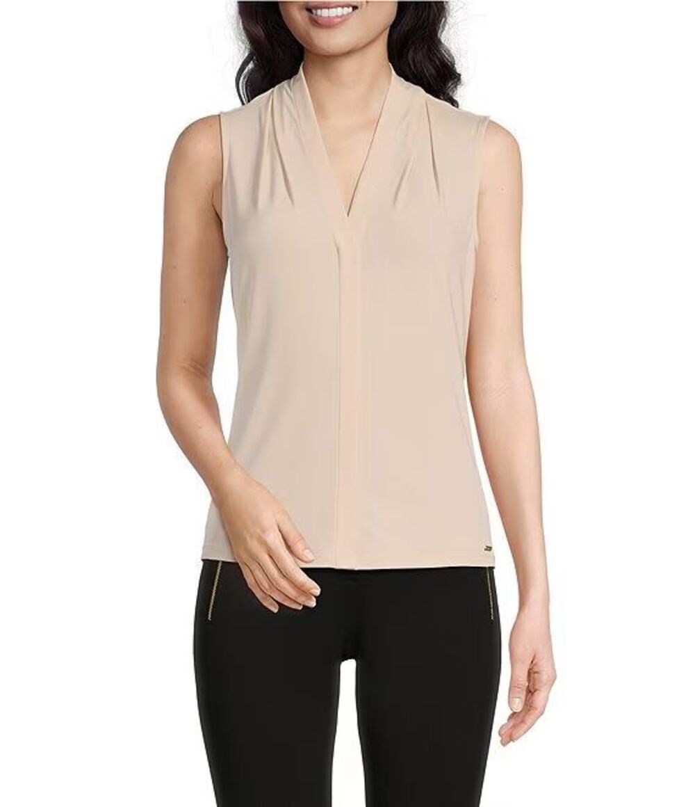 Calvin Klein V-Neck Sleeveless Pleated Neutral Top Womens Size Medium NWT